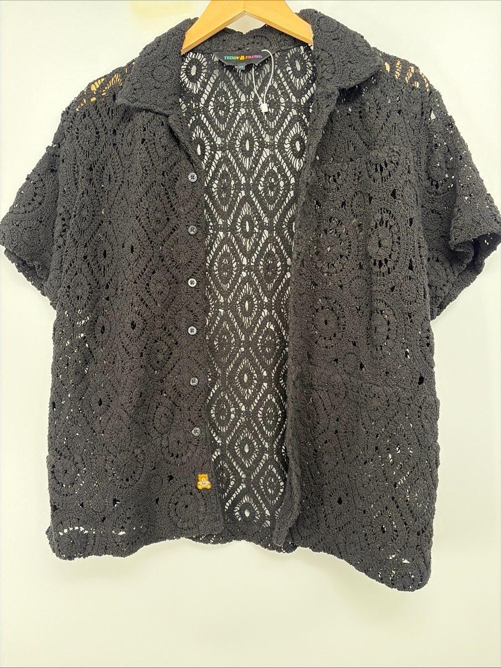 Teddy Fresh Women's Black Sz XS Crochet Knit Button Down Top